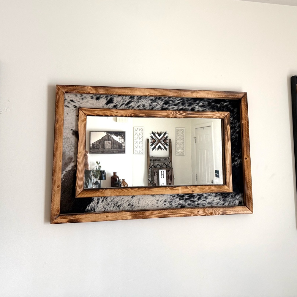 Rustic Wood and Cowhide Accent Wall Mirror - Brown & Black